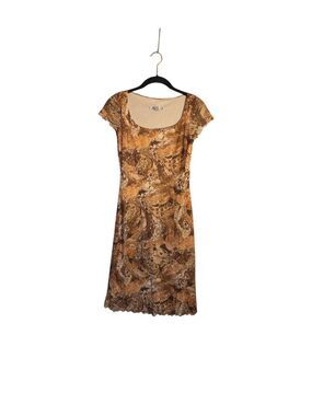 Moa Moa women’s lettuce, trim, short sleeve brown printed dress S Y2K